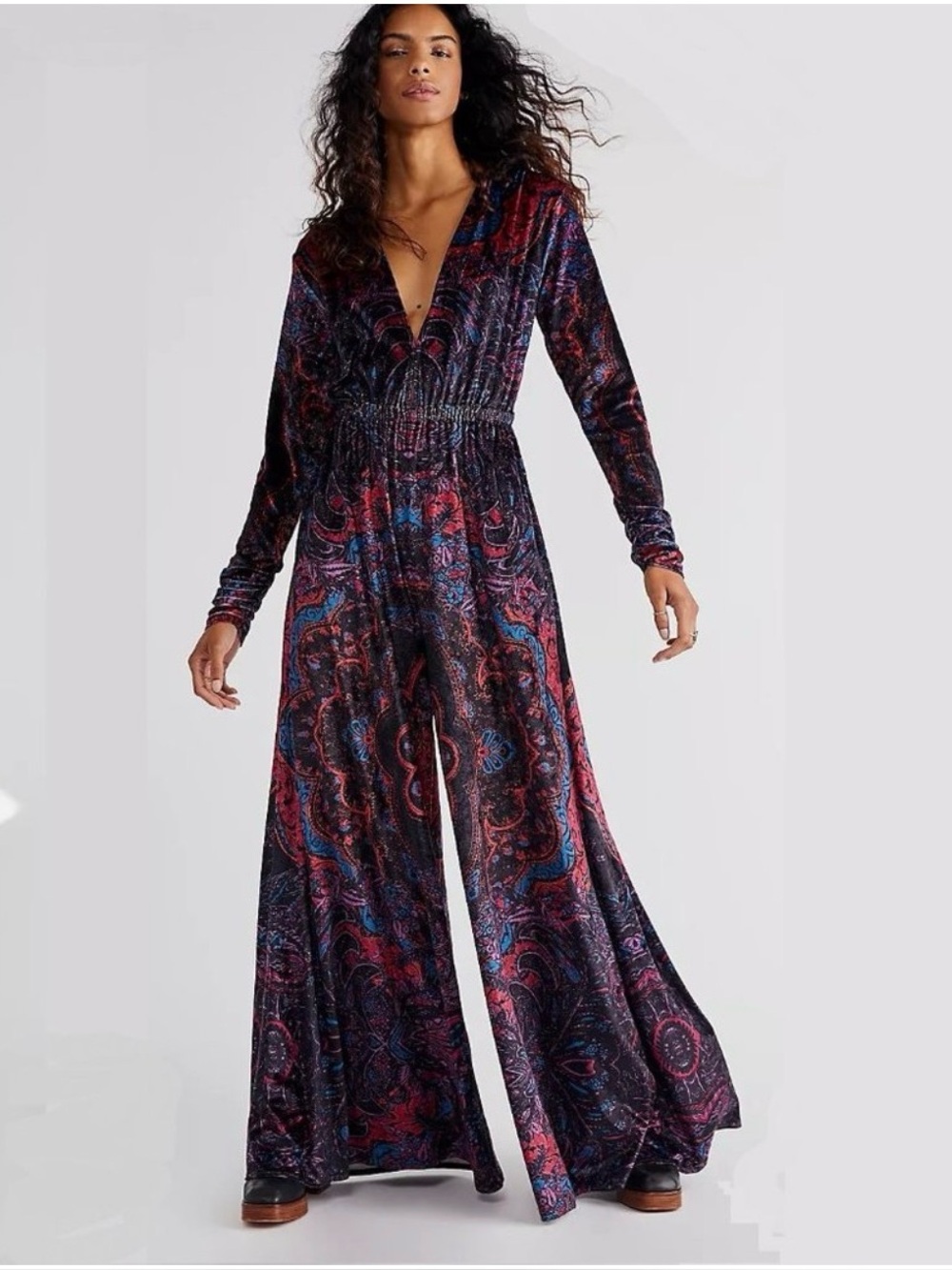 Free People Velvet Paisley Wide-Leg Jumpsuit in Pink & Blue - Picture 4 of 11